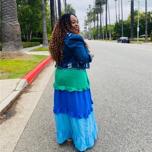 Brand New! Ivy Street Blue and  Green Tiered dress with Ties at Shoulder Size 1X - Picture 2 of 10